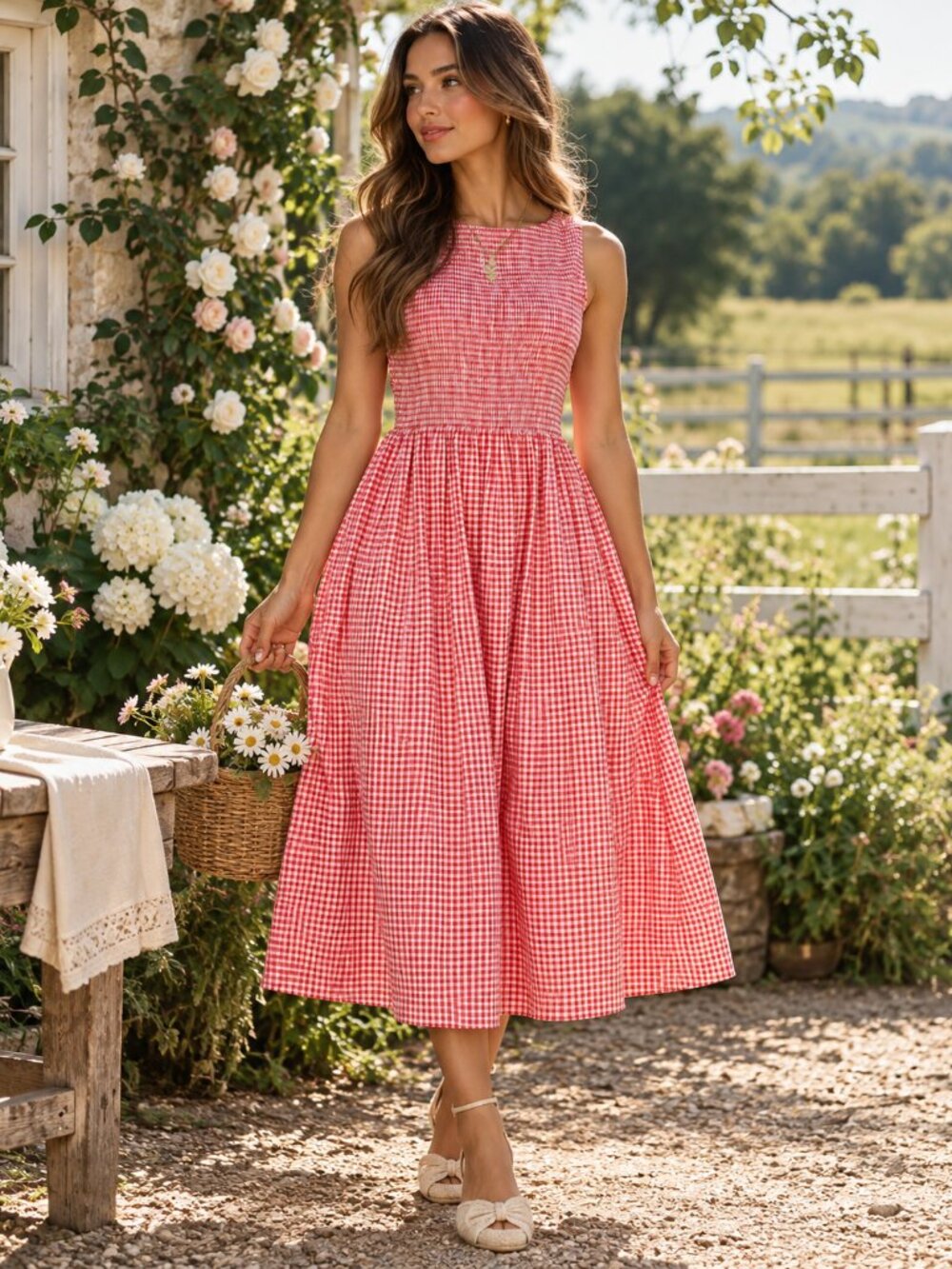 J.CREW Smocked Midi Dress Medium Gingham Red Cottagecore Picnic Fall Bohemian